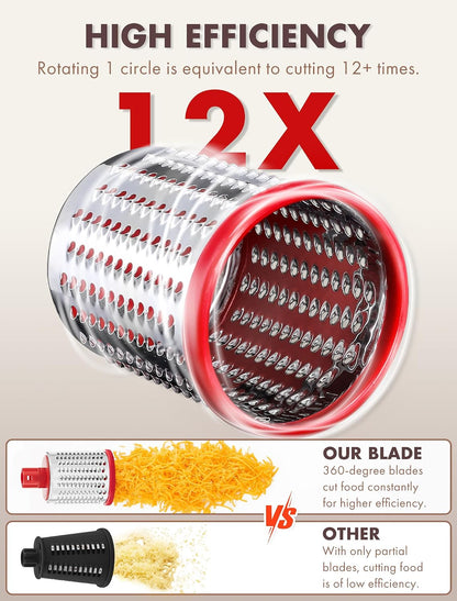 Cheese Grater Hand Crank, Rotary Cheese shredder, Vegetable Slicer | 3 Stainless Steel Blades, 12x Fast Cutting, Non-slip Suction Base, No BPA, Dishwasher Safe, Easy Use for Cheese, Veggies, Nut