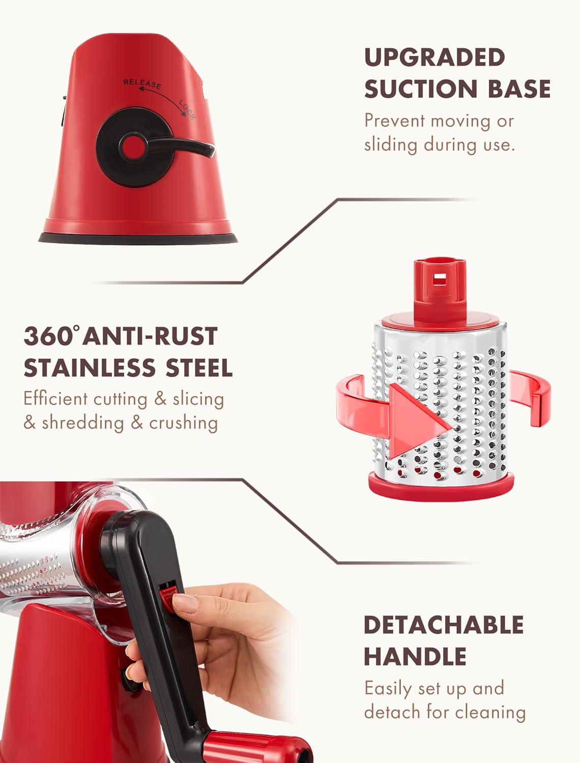 Cheese Grater Hand Crank, Rotary Cheese shredder, Vegetable Slicer | 3 Stainless Steel Blades, 12x Fast Cutting, Non-slip Suction Base, No BPA, Dishwasher Safe, Easy Use for Cheese, Veggies, Nut
