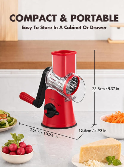 Cheese Grater Hand Crank, Rotary Cheese shredder, Vegetable Slicer | 3 Stainless Steel Blades, 12x Fast Cutting, Non-slip Suction Base, No BPA, Dishwasher Safe, Easy Use for Cheese, Veggies, Nut