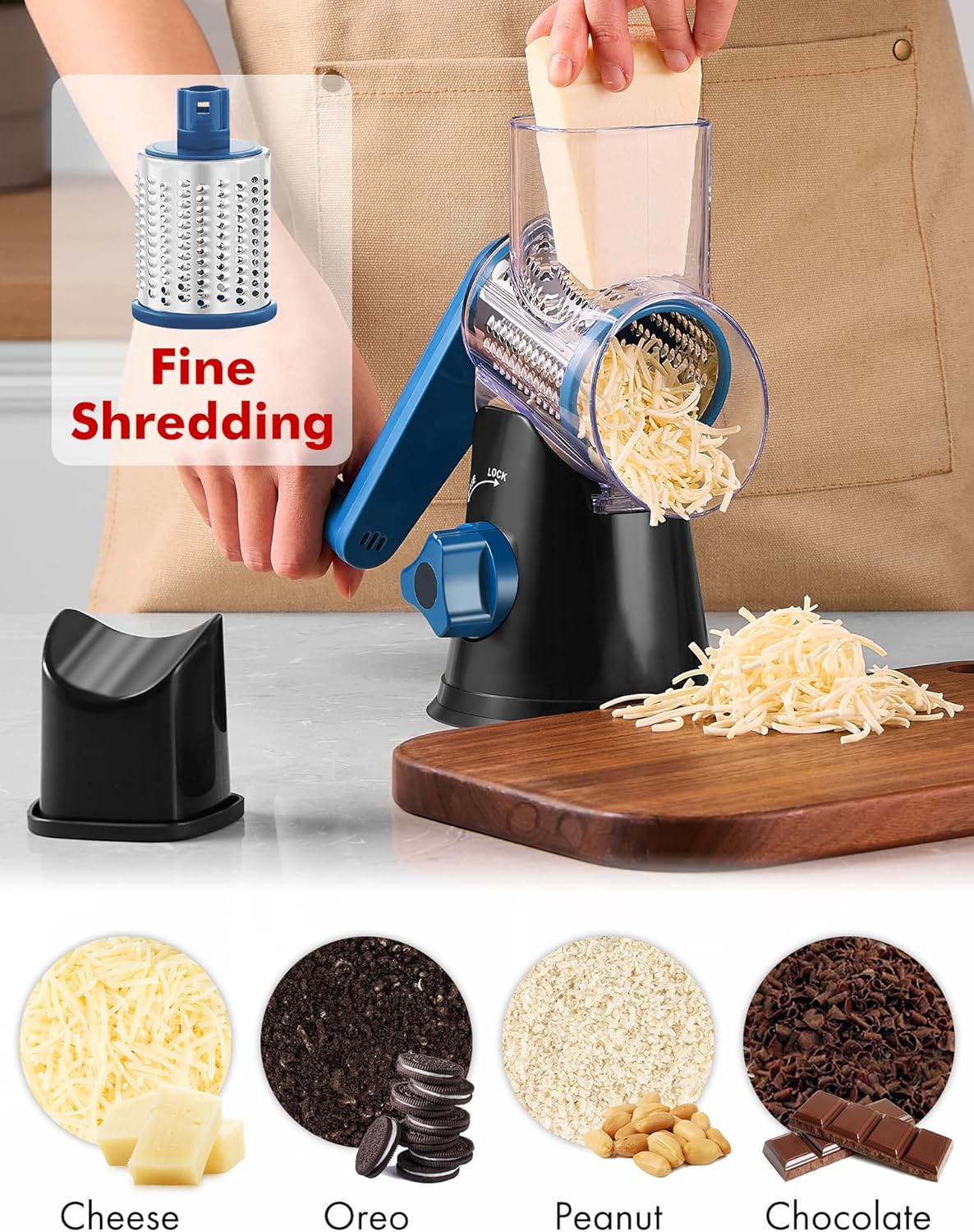 Cheese Grater Hand Crank, Rotary Cheese shredder, Vegetable Slicer | 3 Stainless Steel Blades, 12x Fast Cutting, Non-slip Suction Base, No BPA, Dishwasher Safe, Easy Use for Cheese, Veggies, Nut