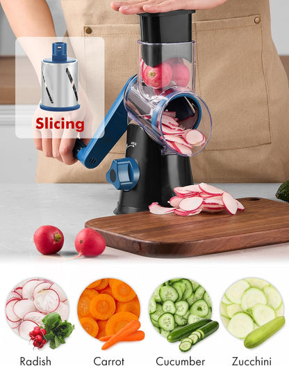 Cheese Grater Hand Crank, Rotary Cheese shredder, Vegetable Slicer | 3 Stainless Steel Blades, 12x Fast Cutting, Non-slip Suction Base, No BPA, Dishwasher Safe, Easy Use for Cheese, Veggies, Nut