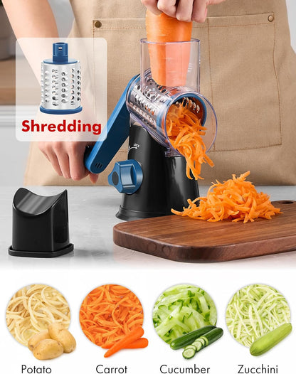 Cheese Grater Hand Crank, Rotary Cheese shredder, Vegetable Slicer | 3 Stainless Steel Blades, 12x Fast Cutting, Non-slip Suction Base, No BPA, Dishwasher Safe, Easy Use for Cheese, Veggies, Nut