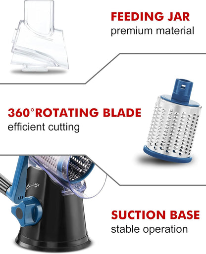 Cheese Grater Hand Crank, Rotary Cheese shredder, Vegetable Slicer | 3 Stainless Steel Blades, 12x Fast Cutting, Non-slip Suction Base, No BPA, Dishwasher Safe, Easy Use for Cheese, Veggies, Nut