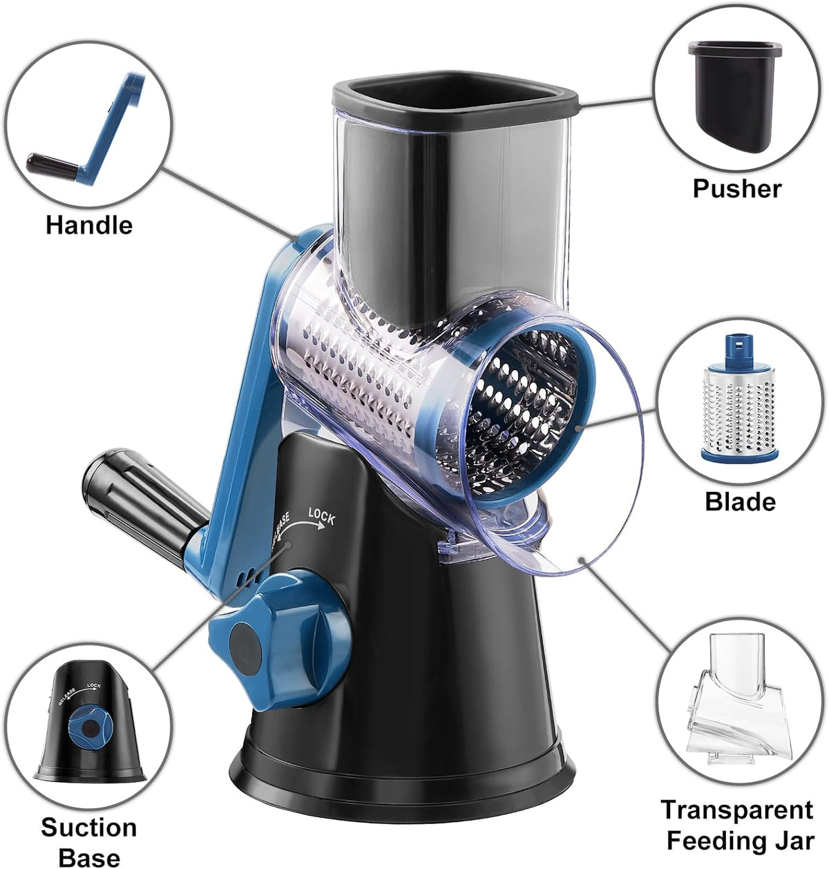 Cheese Grater Hand Crank, Rotary Cheese shredder, Vegetable Slicer | 3 Stainless Steel Blades, 12x Fast Cutting, Non-slip Suction Base, No BPA, Dishwasher Safe, Easy Use for Cheese, Veggies, Nut