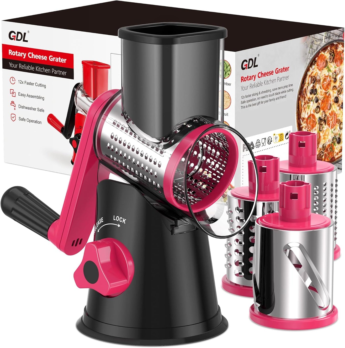 Cheese Grater Hand Crank, Rotary Cheese shredder, Vegetable Slicer | 3 Stainless Steel Blades, 12x Fast Cutting, Non-slip Suction Base, No BPA, Dishwasher Safe, Easy Use for Cheese, Veggies, Nut