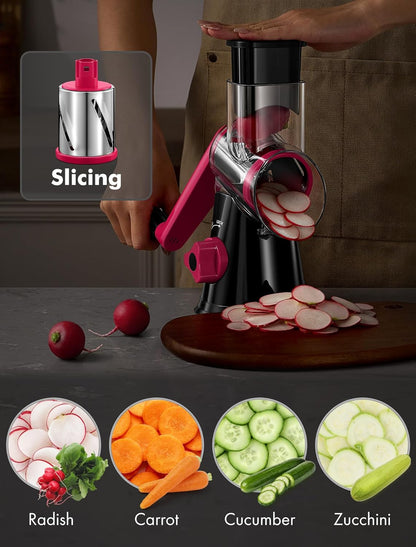 Cheese Grater Hand Crank, Rotary Cheese shredder, Vegetable Slicer | 3 Stainless Steel Blades, 12x Fast Cutting, Non-slip Suction Base, No BPA, Dishwasher Safe, Easy Use for Cheese, Veggies, Nut