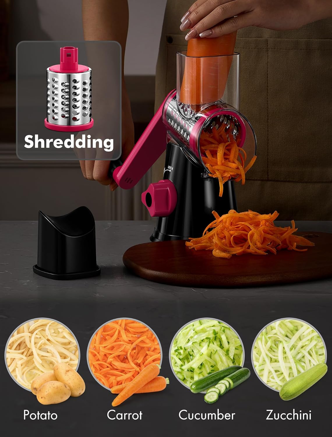 Cheese Grater Hand Crank, Rotary Cheese shredder, Vegetable Slicer | 3 Stainless Steel Blades, 12x Fast Cutting, Non-slip Suction Base, No BPA, Dishwasher Safe, Easy Use for Cheese, Veggies, Nut