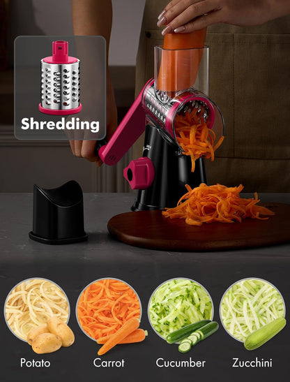 Cheese Grater Hand Crank, Rotary Cheese shredder, Vegetable Slicer | 3 Stainless Steel Blades, 12x Fast Cutting, Non-slip Suction Base, No BPA, Dishwasher Safe, Easy Use for Cheese, Veggies, Nut
