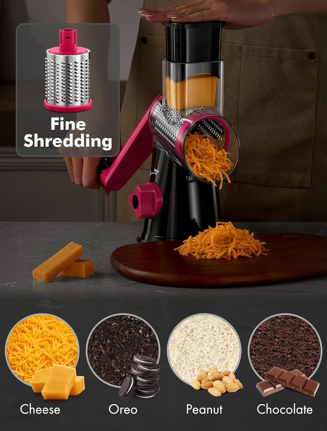 Cheese Grater Hand Crank, Rotary Cheese shredder, Vegetable Slicer | 3 Stainless Steel Blades, 12x Fast Cutting, Non-slip Suction Base, No BPA, Dishwasher Safe, Easy Use for Cheese, Veggies, Nut