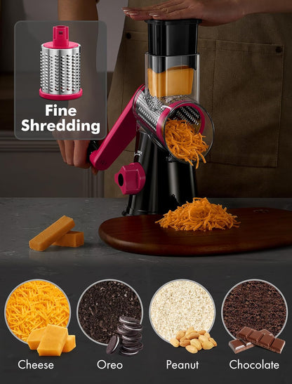 Cheese Grater Hand Crank, Rotary Cheese shredder, Vegetable Slicer | 3 Stainless Steel Blades, 12x Fast Cutting, Non-slip Suction Base, No BPA, Dishwasher Safe, Easy Use for Cheese, Veggies, Nut