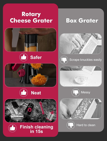 Cheese Grater Hand Crank, Rotary Cheese shredder, Vegetable Slicer | 3 Stainless Steel Blades, 12x Fast Cutting, Non-slip Suction Base, No BPA, Dishwasher Safe, Easy Use for Cheese, Veggies, Nut