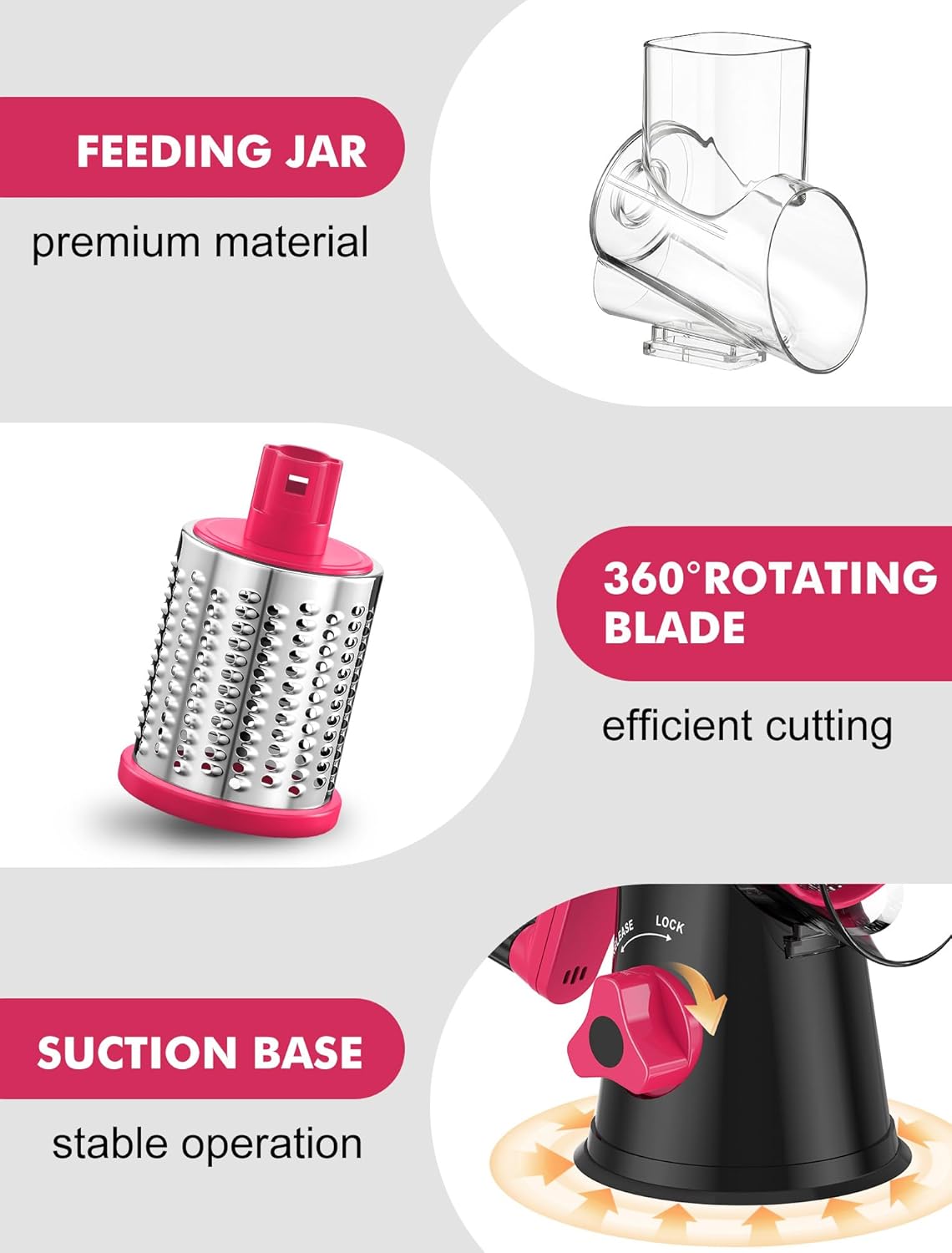 Cheese Grater Hand Crank, Rotary Cheese shredder, Vegetable Slicer | 3 Stainless Steel Blades, 12x Fast Cutting, Non-slip Suction Base, No BPA, Dishwasher Safe, Easy Use for Cheese, Veggies, Nut