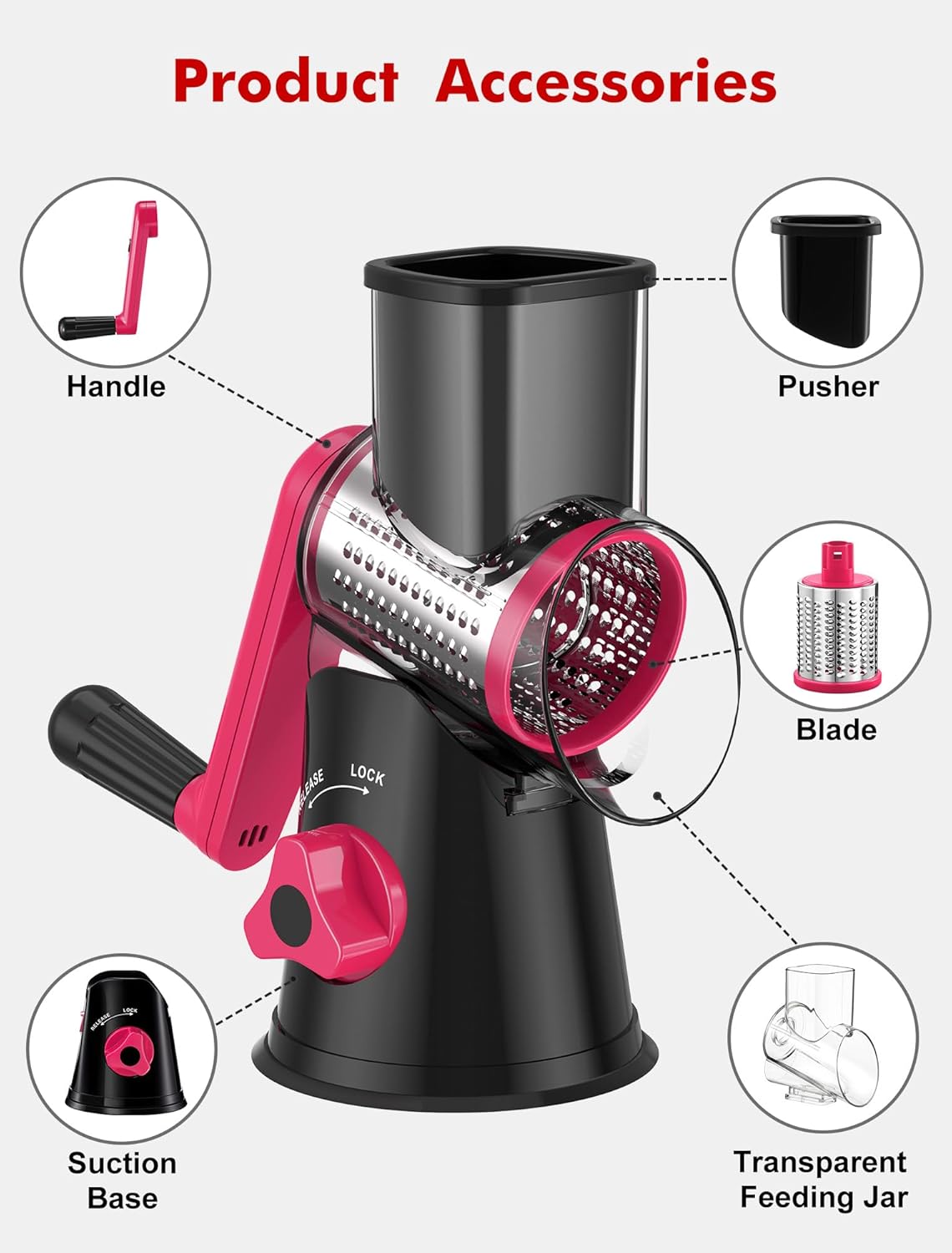Cheese Grater Hand Crank, Rotary Cheese shredder, Vegetable Slicer | 3 Stainless Steel Blades, 12x Fast Cutting, Non-slip Suction Base, No BPA, Dishwasher Safe, Easy Use for Cheese, Veggies, Nut