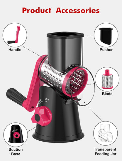 Cheese Grater Hand Crank, Rotary Cheese shredder, Vegetable Slicer | 3 Stainless Steel Blades, 12x Fast Cutting, Non-slip Suction Base, No BPA, Dishwasher Safe, Easy Use for Cheese, Veggies, Nut