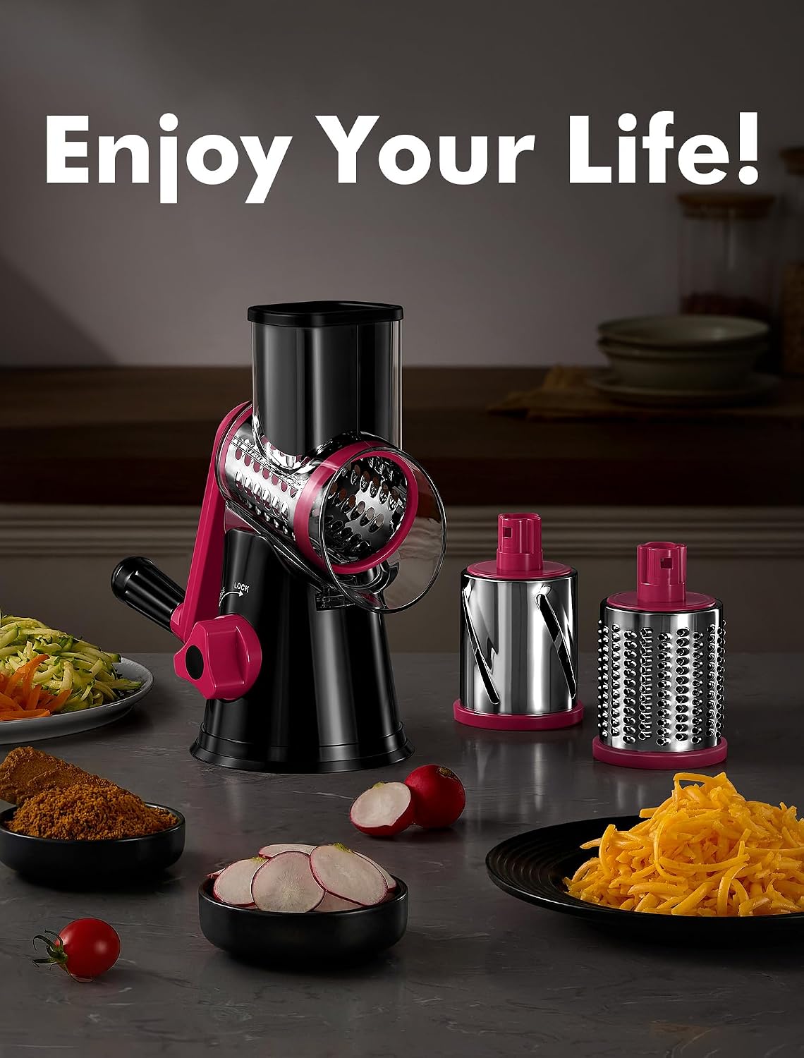 Cheese Grater Hand Crank, Rotary Cheese shredder, Vegetable Slicer | 3 Stainless Steel Blades, 12x Fast Cutting, Non-slip Suction Base, No BPA, Dishwasher Safe, Easy Use for Cheese, Veggies, Nut