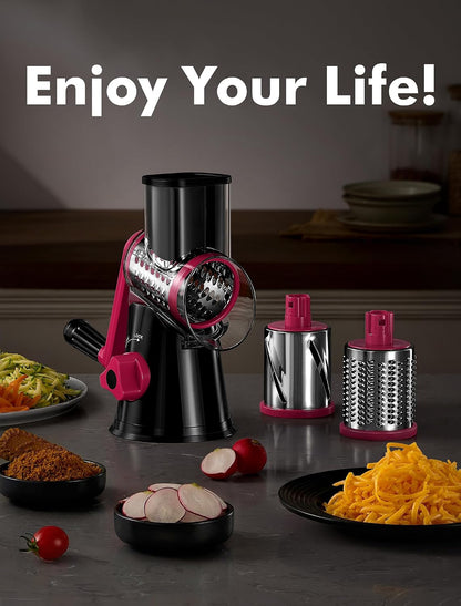 Cheese Grater Hand Crank, Rotary Cheese shredder, Vegetable Slicer | 3 Stainless Steel Blades, 12x Fast Cutting, Non-slip Suction Base, No BPA, Dishwasher Safe, Easy Use for Cheese, Veggies, Nut