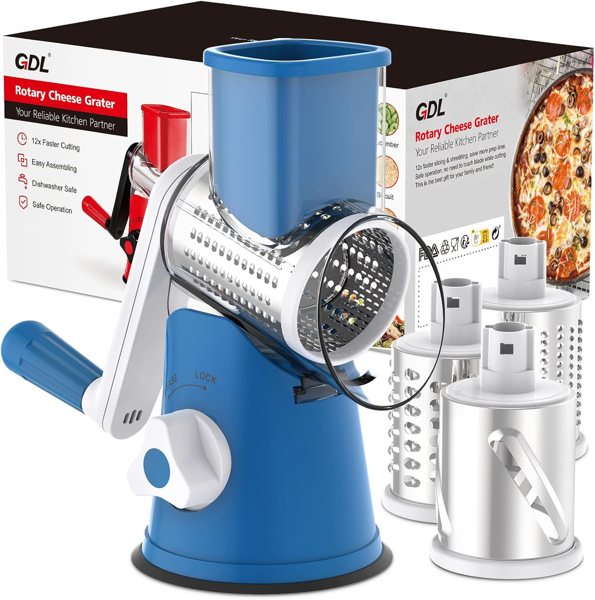 Cheese Grater Hand Crank, Rotary Cheese shredder, Vegetable Slicer | 3 Stainless Steel Blades, 12x Fast Cutting, Non-slip Suction Base, No BPA, Dishwasher Safe, Easy Use for Cheese, Veggies, Nut