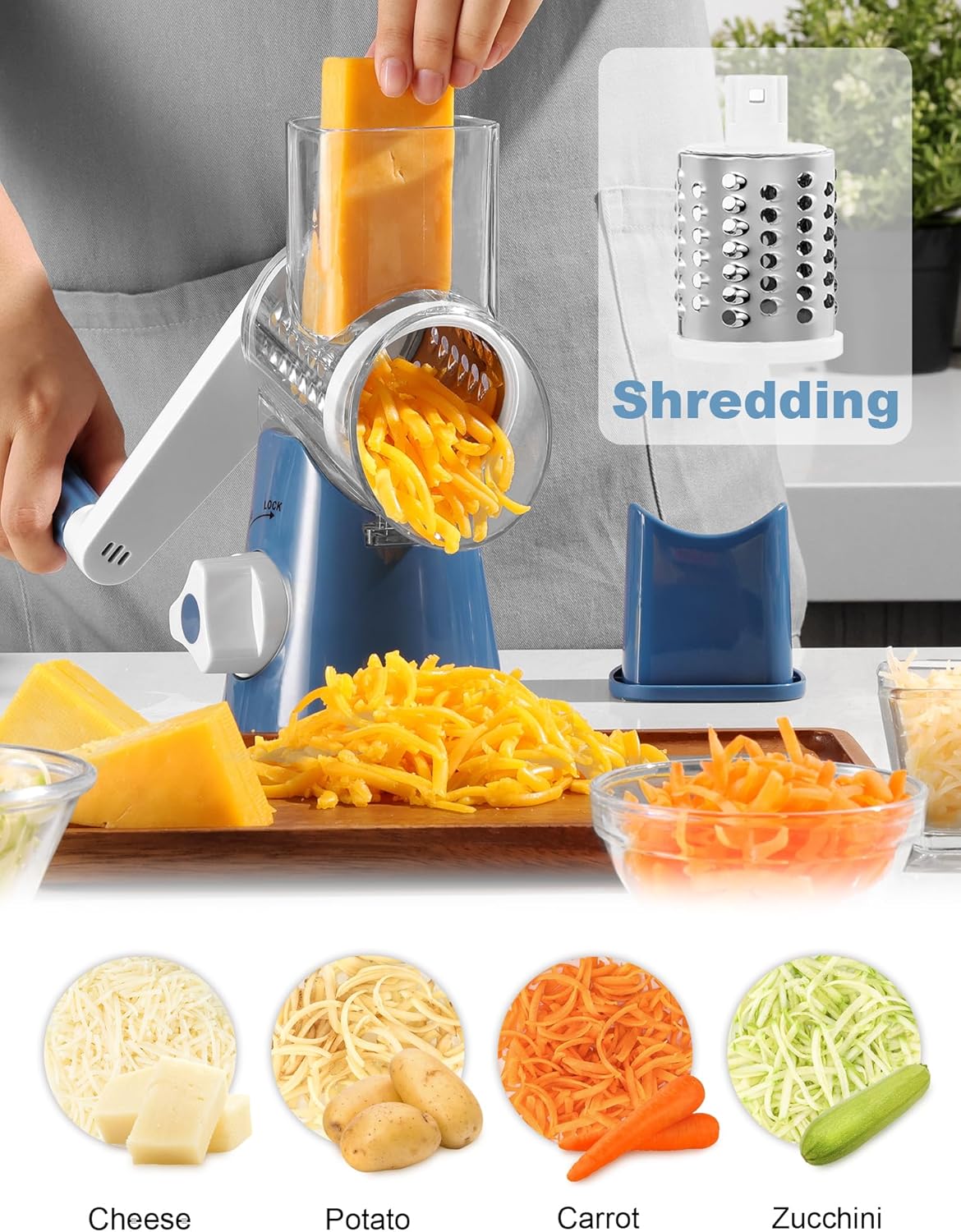 Cheese Grater Hand Crank, Rotary Cheese shredder, Vegetable Slicer | 3 Stainless Steel Blades, 12x Fast Cutting, Non-slip Suction Base, No BPA, Dishwasher Safe, Easy Use for Cheese, Veggies, Nut