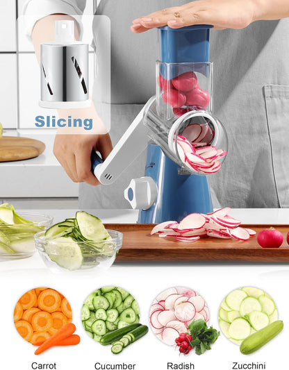 Cheese Grater Hand Crank, Rotary Cheese shredder, Vegetable Slicer | 3 Stainless Steel Blades, 12x Fast Cutting, Non-slip Suction Base, No BPA, Dishwasher Safe, Easy Use for Cheese, Veggies, Nut
