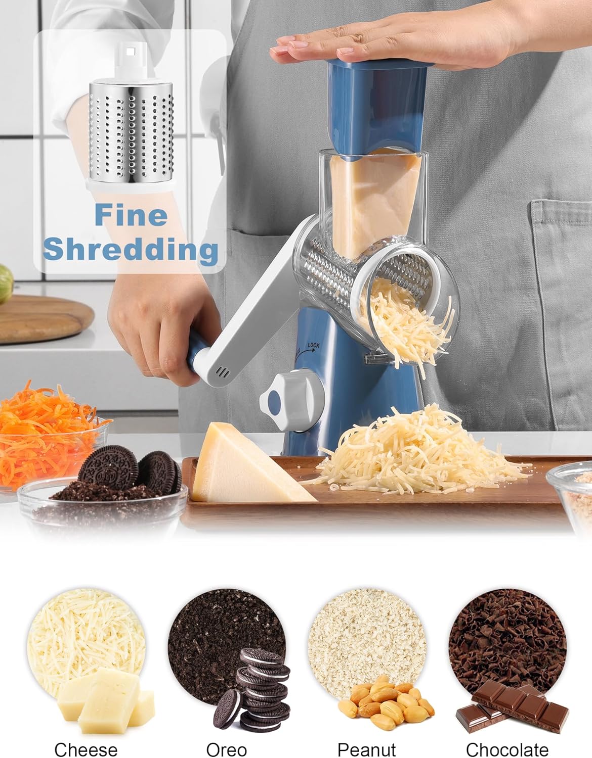 Cheese Grater Hand Crank, Rotary Cheese shredder, Vegetable Slicer | 3 Stainless Steel Blades, 12x Fast Cutting, Non-slip Suction Base, No BPA, Dishwasher Safe, Easy Use for Cheese, Veggies, Nut