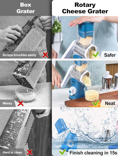 Cheese Grater Hand Crank, Rotary Cheese shredder, Vegetable Slicer | 3 Stainless Steel Blades, 12x Fast Cutting, Non-slip Suction Base, No BPA, Dishwasher Safe, Easy Use for Cheese, Veggies, Nut