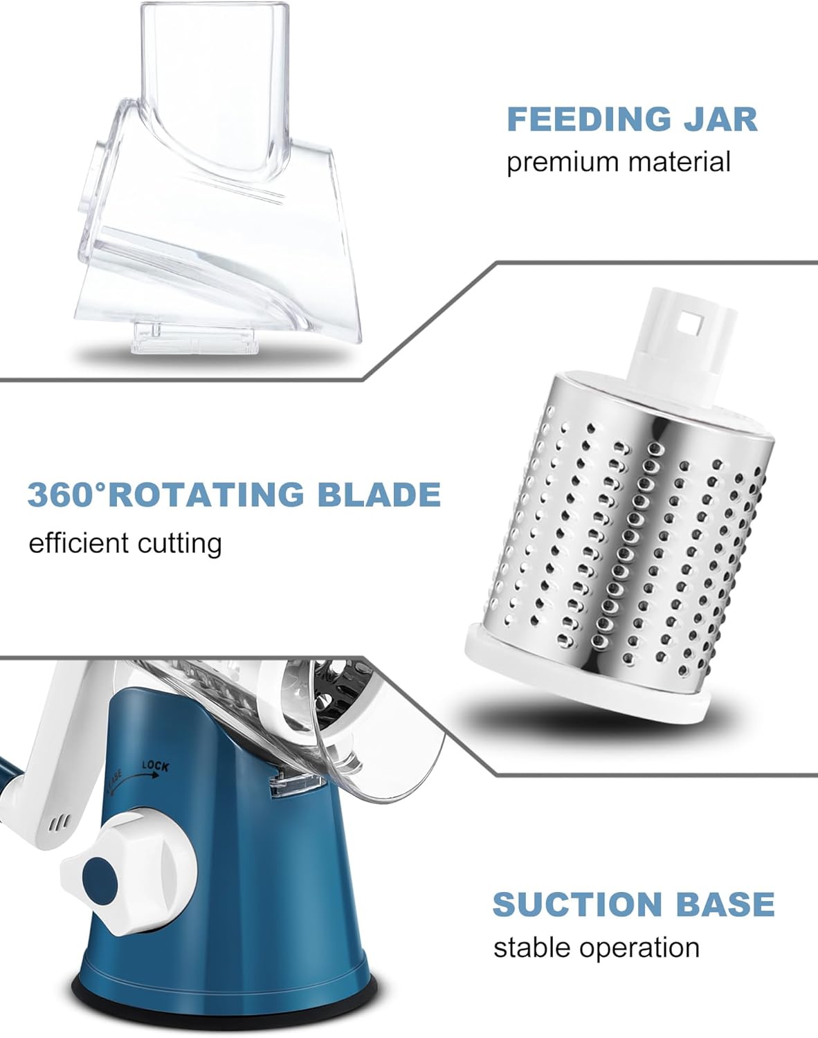 Cheese Grater Hand Crank, Rotary Cheese shredder, Vegetable Slicer | 3 Stainless Steel Blades, 12x Fast Cutting, Non-slip Suction Base, No BPA, Dishwasher Safe, Easy Use for Cheese, Veggies, Nut