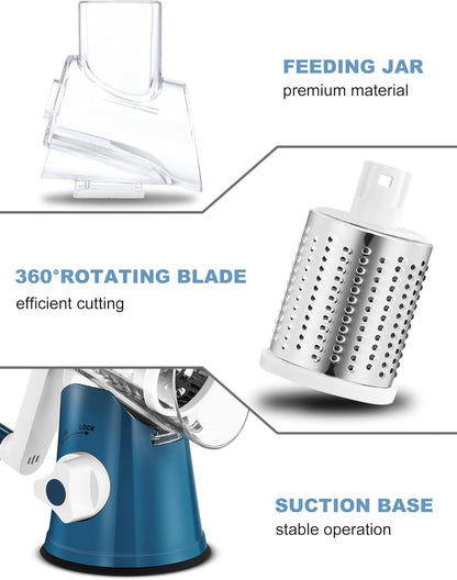 Cheese Grater Hand Crank, Rotary Cheese shredder, Vegetable Slicer | 3 Stainless Steel Blades, 12x Fast Cutting, Non-slip Suction Base, No BPA, Dishwasher Safe, Easy Use for Cheese, Veggies, Nut