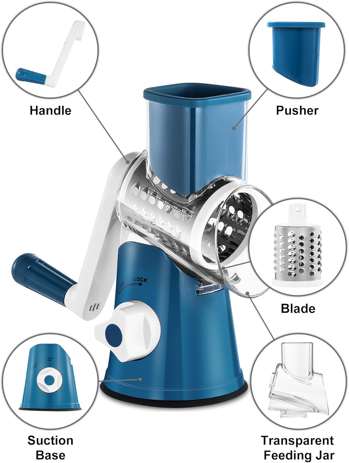 Cheese Grater Hand Crank, Rotary Cheese shredder, Vegetable Slicer | 3 Stainless Steel Blades, 12x Fast Cutting, Non-slip Suction Base, No BPA, Dishwasher Safe, Easy Use for Cheese, Veggies, Nut