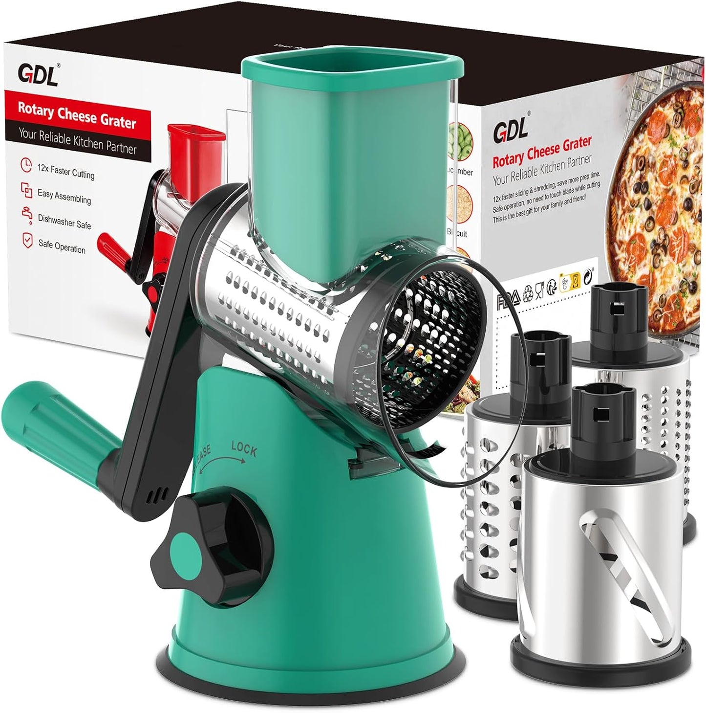Cheese Grater Hand Crank, Rotary Cheese shredder, Vegetable Slicer | 3 Stainless Steel Blades, 12x Fast Cutting, Non-slip Suction Base, No BPA, Dishwasher Safe, Easy Use for Cheese, Veggies, Nut