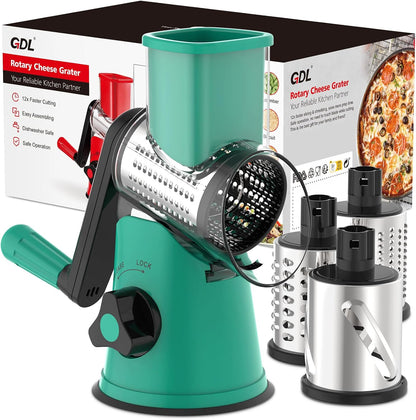 Cheese Grater Hand Crank, Rotary Cheese shredder, Vegetable Slicer | 3 Stainless Steel Blades, 12x Fast Cutting, Non-slip Suction Base, No BPA, Dishwasher Safe, Easy Use for Cheese, Veggies, Nut