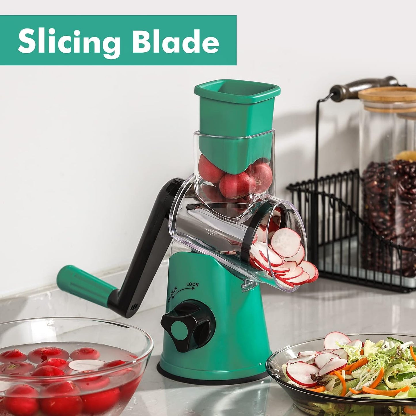 Cheese Grater Hand Crank, Rotary Cheese shredder, Vegetable Slicer | 3 Stainless Steel Blades, 12x Fast Cutting, Non-slip Suction Base, No BPA, Dishwasher Safe, Easy Use for Cheese, Veggies, Nut