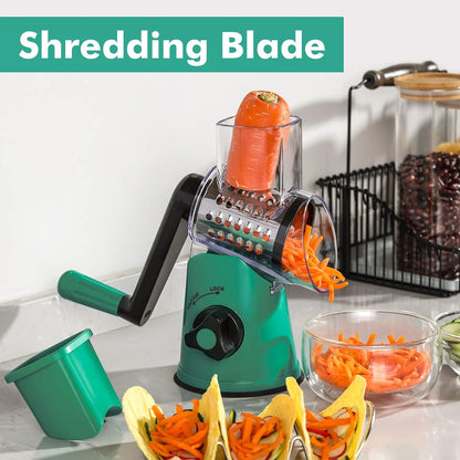 Cheese Grater Hand Crank, Rotary Cheese shredder, Vegetable Slicer | 3 Stainless Steel Blades, 12x Fast Cutting, Non-slip Suction Base, No BPA, Dishwasher Safe, Easy Use for Cheese, Veggies, Nut