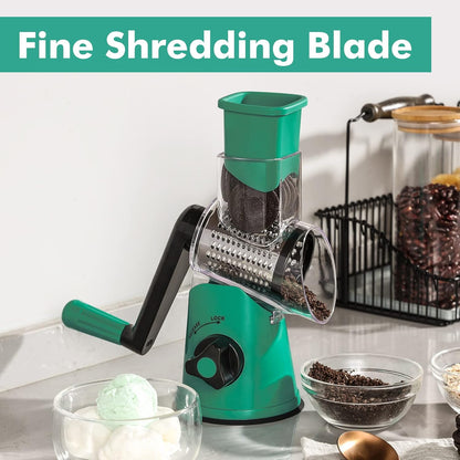 Cheese Grater Hand Crank, Rotary Cheese shredder, Vegetable Slicer | 3 Stainless Steel Blades, 12x Fast Cutting, Non-slip Suction Base, No BPA, Dishwasher Safe, Easy Use for Cheese, Veggies, Nut
