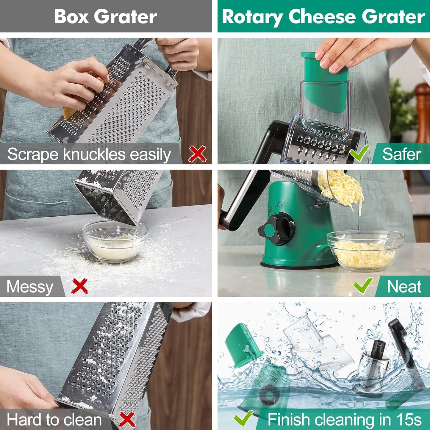 Cheese Grater Hand Crank, Rotary Cheese shredder, Vegetable Slicer | 3 Stainless Steel Blades, 12x Fast Cutting, Non-slip Suction Base, No BPA, Dishwasher Safe, Easy Use for Cheese, Veggies, Nut
