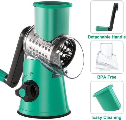 Cheese Grater Hand Crank, Rotary Cheese shredder, Vegetable Slicer | 3 Stainless Steel Blades, 12x Fast Cutting, Non-slip Suction Base, No BPA, Dishwasher Safe, Easy Use for Cheese, Veggies, Nut