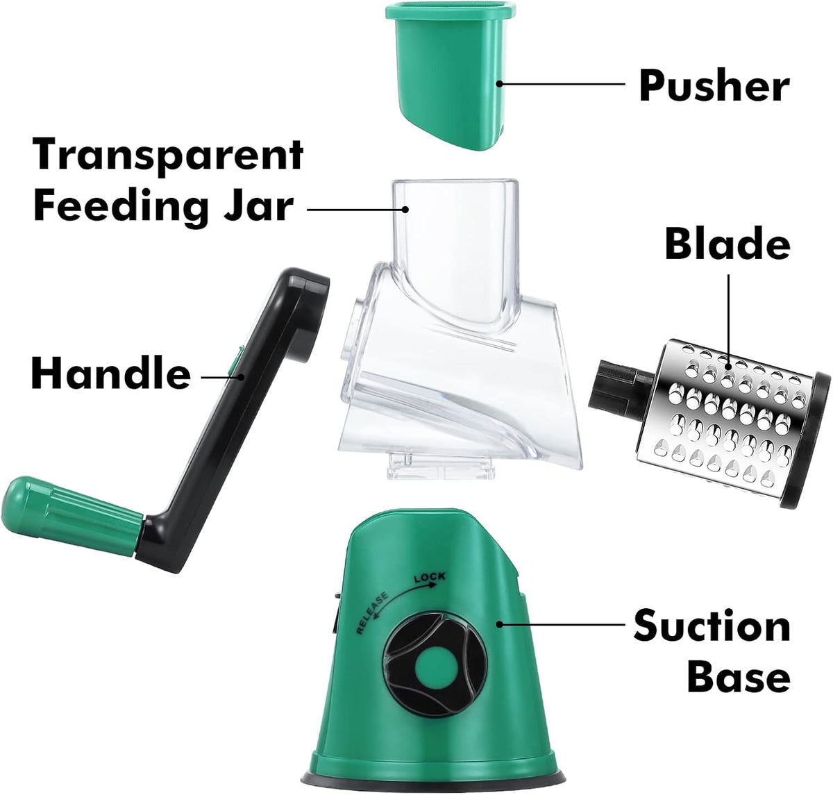 Cheese Grater Hand Crank, Rotary Cheese shredder, Vegetable Slicer | 3 Stainless Steel Blades, 12x Fast Cutting, Non-slip Suction Base, No BPA, Dishwasher Safe, Easy Use for Cheese, Veggies, Nut