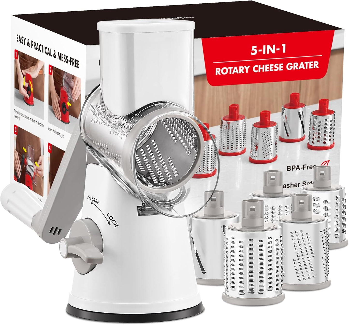 Cheese Grater Hand Crank, Rotary Cheese shredder, Vegetable Slicer | 3 Stainless Steel Blades, 12x Fast Cutting, Non-slip Suction Base, No BPA, Dishwasher Safe, Easy Use for Cheese, Veggies, Nut