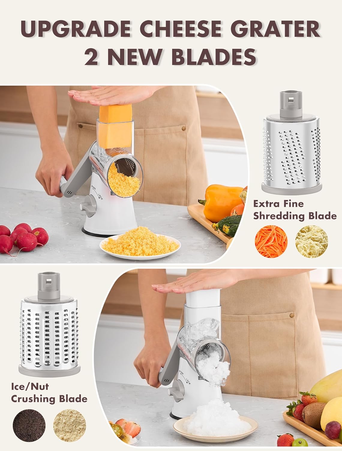 Cheese Grater Hand Crank, Rotary Cheese shredder, Vegetable Slicer | 3 Stainless Steel Blades, 12x Fast Cutting, Non-slip Suction Base, No BPA, Dishwasher Safe, Easy Use for Cheese, Veggies, Nut