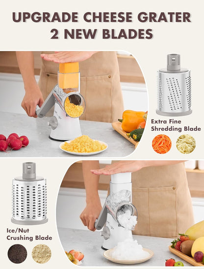 Cheese Grater Hand Crank, Rotary Cheese shredder, Vegetable Slicer | 3 Stainless Steel Blades, 12x Fast Cutting, Non-slip Suction Base, No BPA, Dishwasher Safe, Easy Use for Cheese, Veggies, Nut