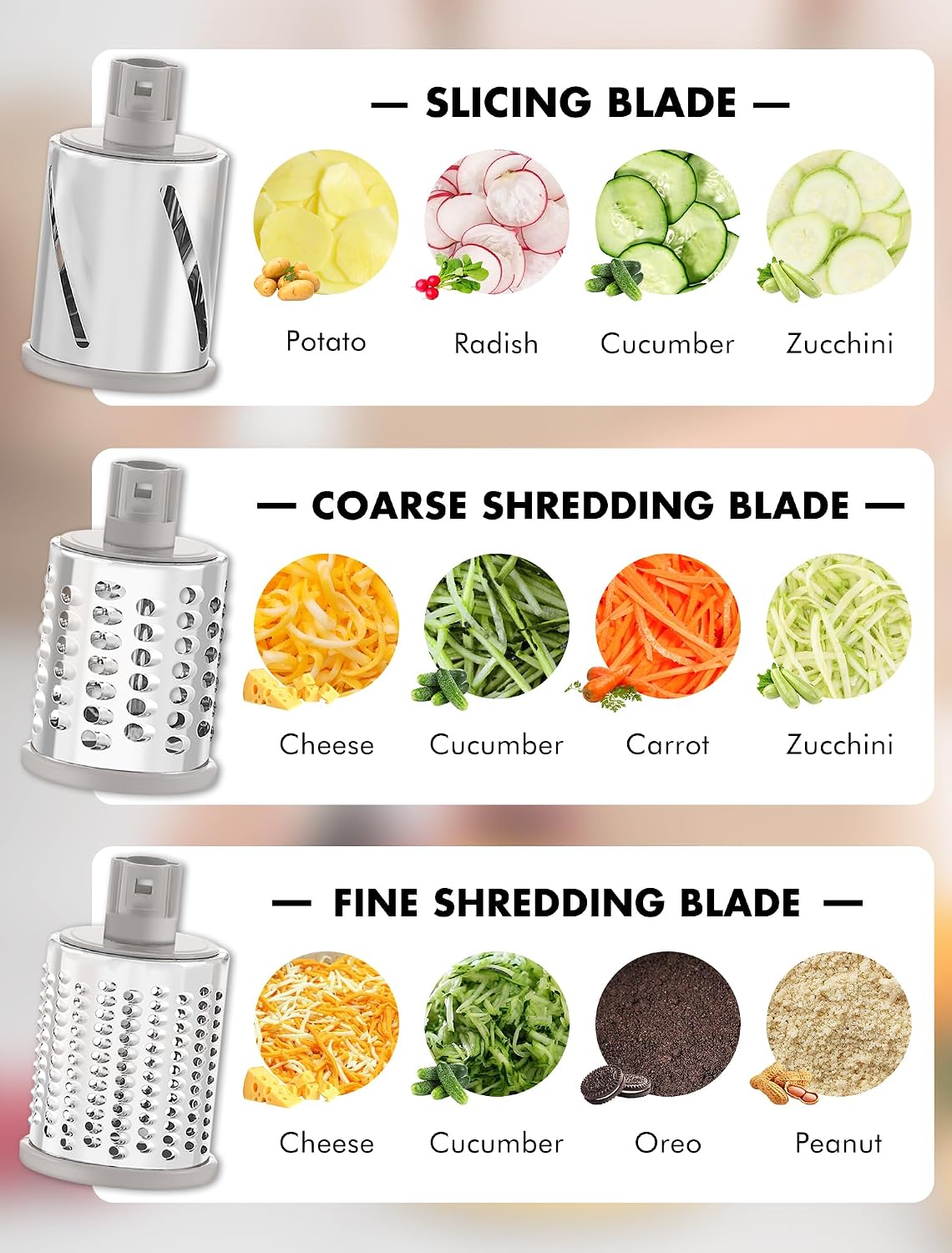 Cheese Grater Hand Crank, Rotary Cheese shredder, Vegetable Slicer | 3 Stainless Steel Blades, 12x Fast Cutting, Non-slip Suction Base, No BPA, Dishwasher Safe, Easy Use for Cheese, Veggies, Nut