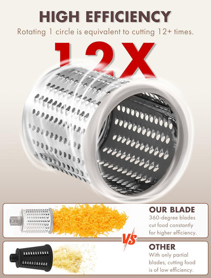 Cheese Grater Hand Crank, Rotary Cheese shredder, Vegetable Slicer | 3 Stainless Steel Blades, 12x Fast Cutting, Non-slip Suction Base, No BPA, Dishwasher Safe, Easy Use for Cheese, Veggies, Nut