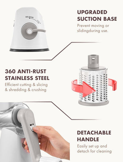 Cheese Grater Hand Crank, Rotary Cheese shredder, Vegetable Slicer | 3 Stainless Steel Blades, 12x Fast Cutting, Non-slip Suction Base, No BPA, Dishwasher Safe, Easy Use for Cheese, Veggies, Nut