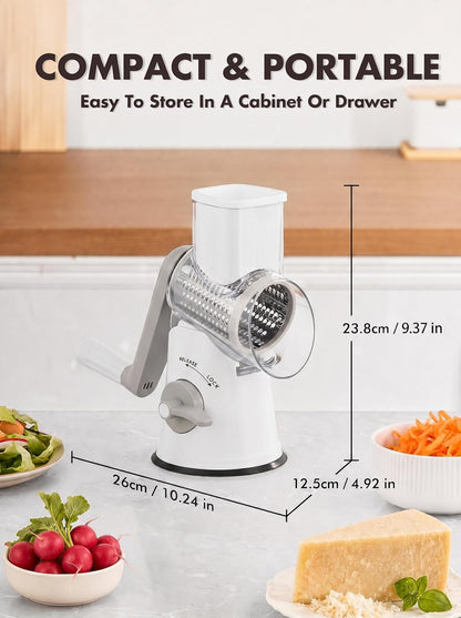 Cheese Grater Hand Crank, Rotary Cheese shredder, Vegetable Slicer | 3 Stainless Steel Blades, 12x Fast Cutting, Non-slip Suction Base, No BPA, Dishwasher Safe, Easy Use for Cheese, Veggies, Nut
