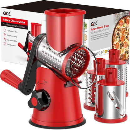 Cheese Grater Hand Crank, Rotary Cheese shredder, Vegetable Slicer | 3 Stainless Steel Blades, 12x Fast Cutting, Non-slip Suction Base, No BPA, Dishwasher Safe, Easy Use for Cheese, Veggies, Nut