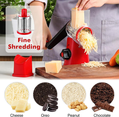 Cheese Grater Hand Crank, Rotary Cheese shredder, Vegetable Slicer | 3 Stainless Steel Blades, 12x Fast Cutting, Non-slip Suction Base, No BPA, Dishwasher Safe, Easy Use for Cheese, Veggies, Nut