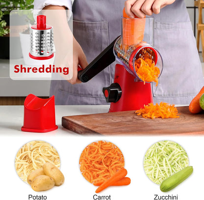 Cheese Grater Hand Crank, Rotary Cheese shredder, Vegetable Slicer | 3 Stainless Steel Blades, 12x Fast Cutting, Non-slip Suction Base, No BPA, Dishwasher Safe, Easy Use for Cheese, Veggies, Nut