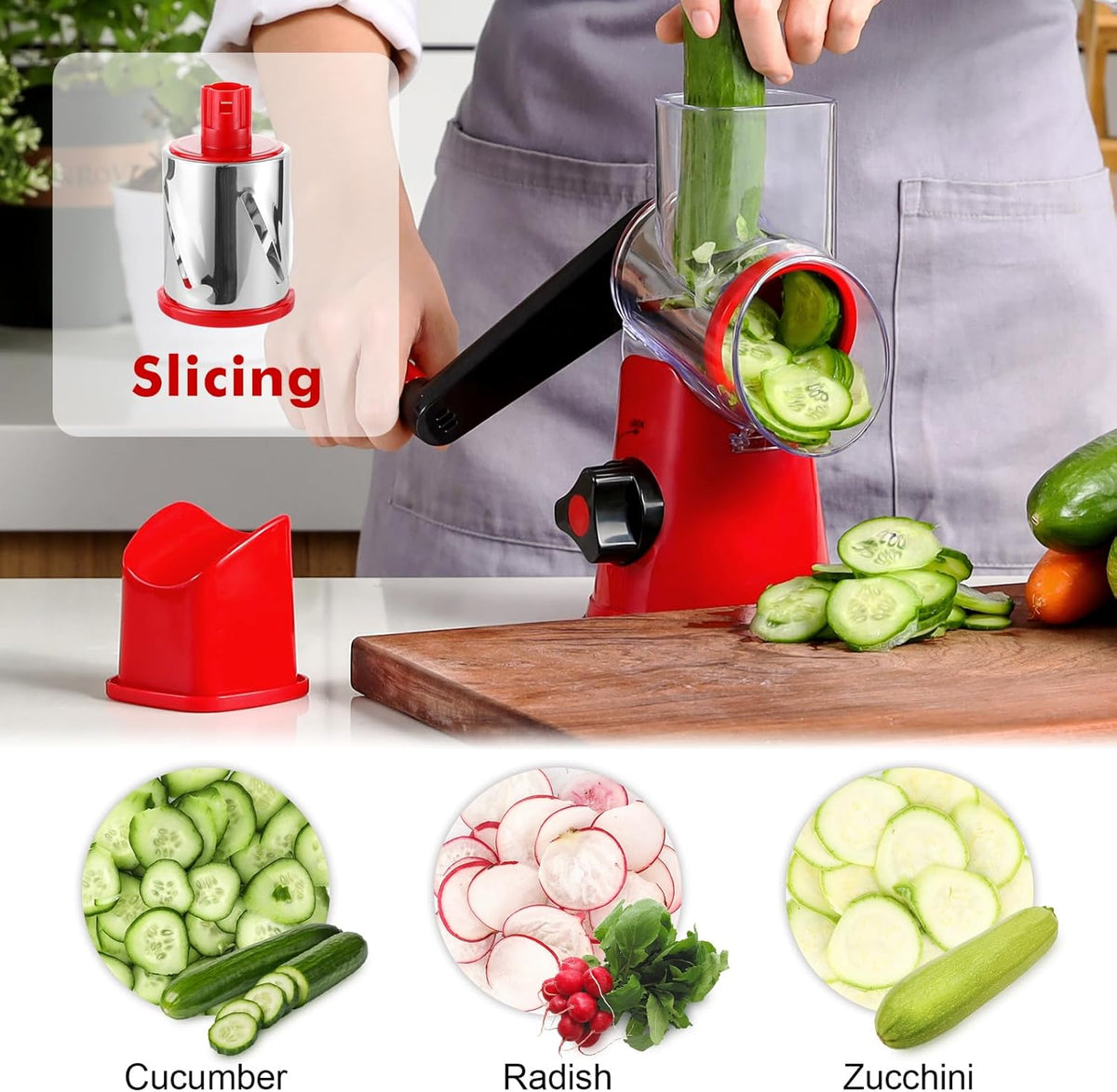 Cheese Grater Hand Crank, Rotary Cheese shredder, Vegetable Slicer | 3 Stainless Steel Blades, 12x Fast Cutting, Non-slip Suction Base, No BPA, Dishwasher Safe, Easy Use for Cheese, Veggies, Nut