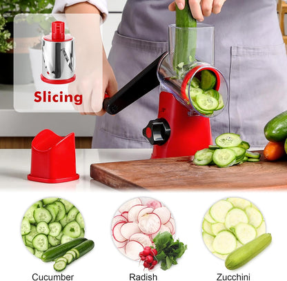 Cheese Grater Hand Crank, Rotary Cheese shredder, Vegetable Slicer | 3 Stainless Steel Blades, 12x Fast Cutting, Non-slip Suction Base, No BPA, Dishwasher Safe, Easy Use for Cheese, Veggies, Nut