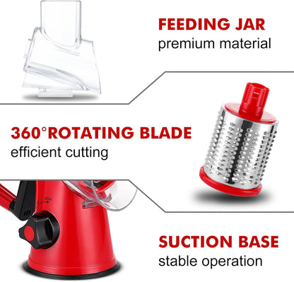 Cheese Grater Hand Crank, Rotary Cheese shredder, Vegetable Slicer | 3 Stainless Steel Blades, 12x Fast Cutting, Non-slip Suction Base, No BPA, Dishwasher Safe, Easy Use for Cheese, Veggies, Nut