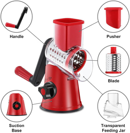 Cheese Grater Hand Crank, Rotary Cheese shredder, Vegetable Slicer | 3 Stainless Steel Blades, 12x Fast Cutting, Non-slip Suction Base, No BPA, Dishwasher Safe, Easy Use for Cheese, Veggies, Nut